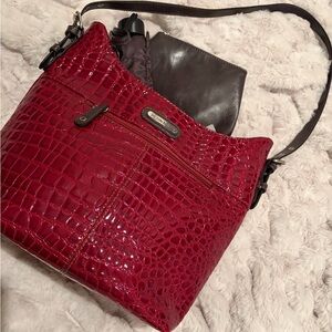 Croc-Embossed Red Shoulder Bag w/ Adjustable Strap, w/ Umbrella and Make-up Bag